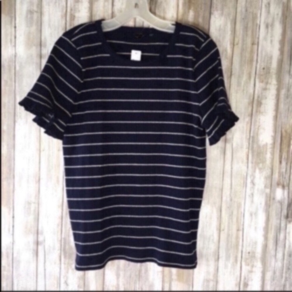 NWT J.Crew Striped Flutter Sleeve Top XL Navy Silver Ruffle Sleeve Knit Blouse
